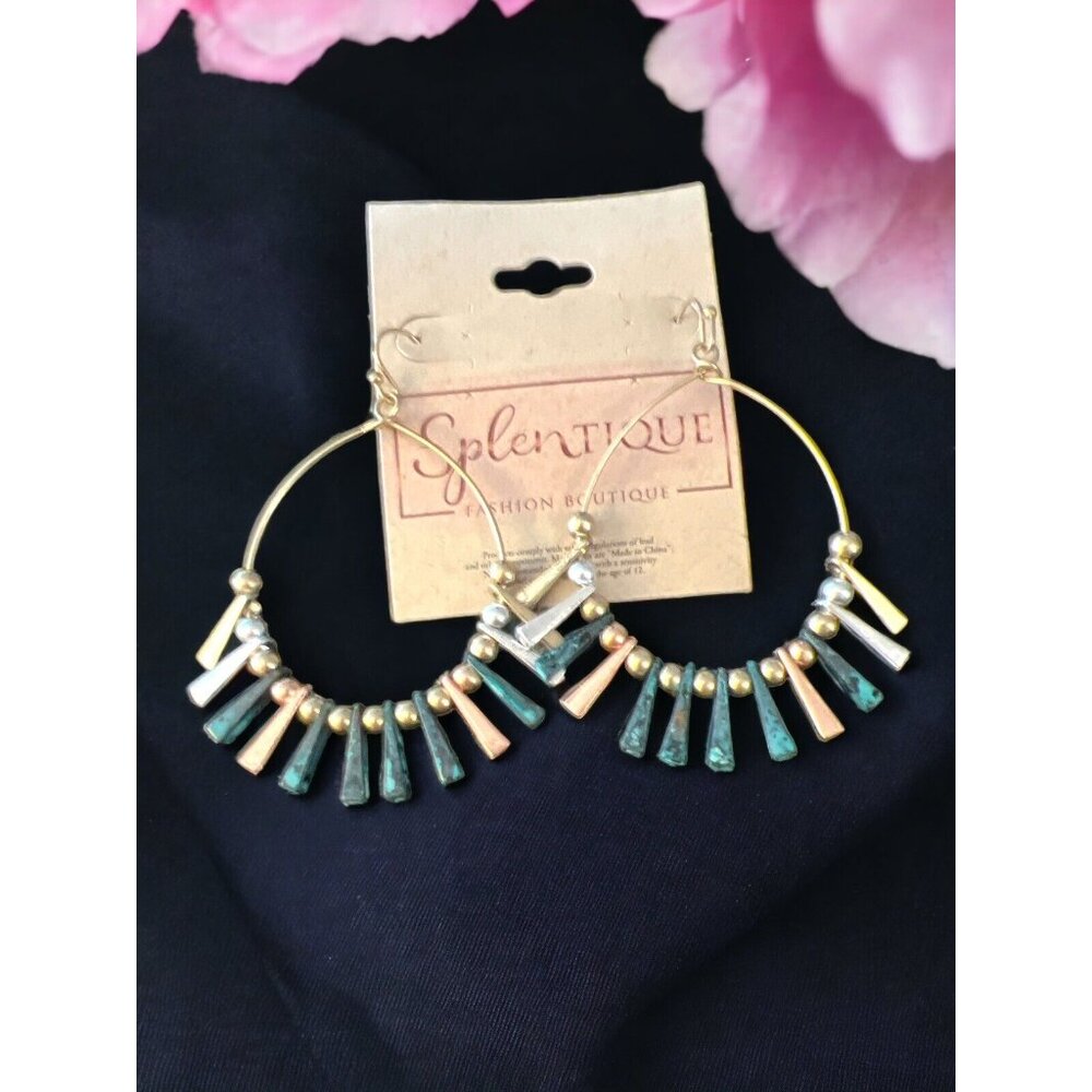 Splentique Gold Hoop Dangle Earrings with Blue Silver & Gold Spikes